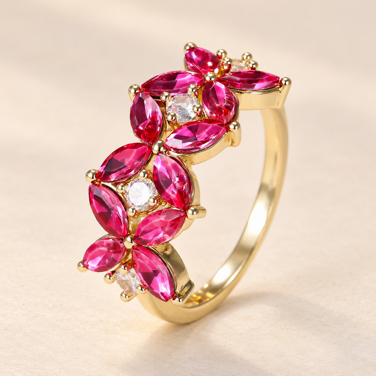 Pink-red floral ring on royal cream background