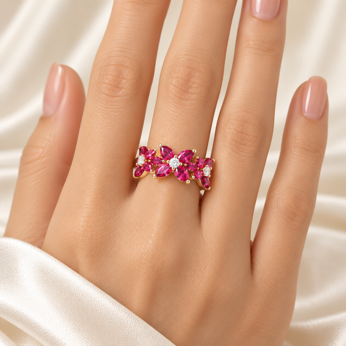 Pink-red floral ring worn across the finger — selected model-hand photograph