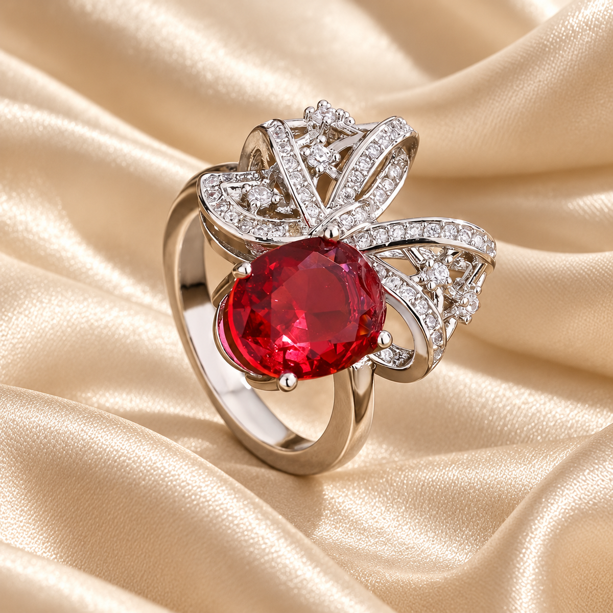 Red stone ribbon ring on ivory gown fabric