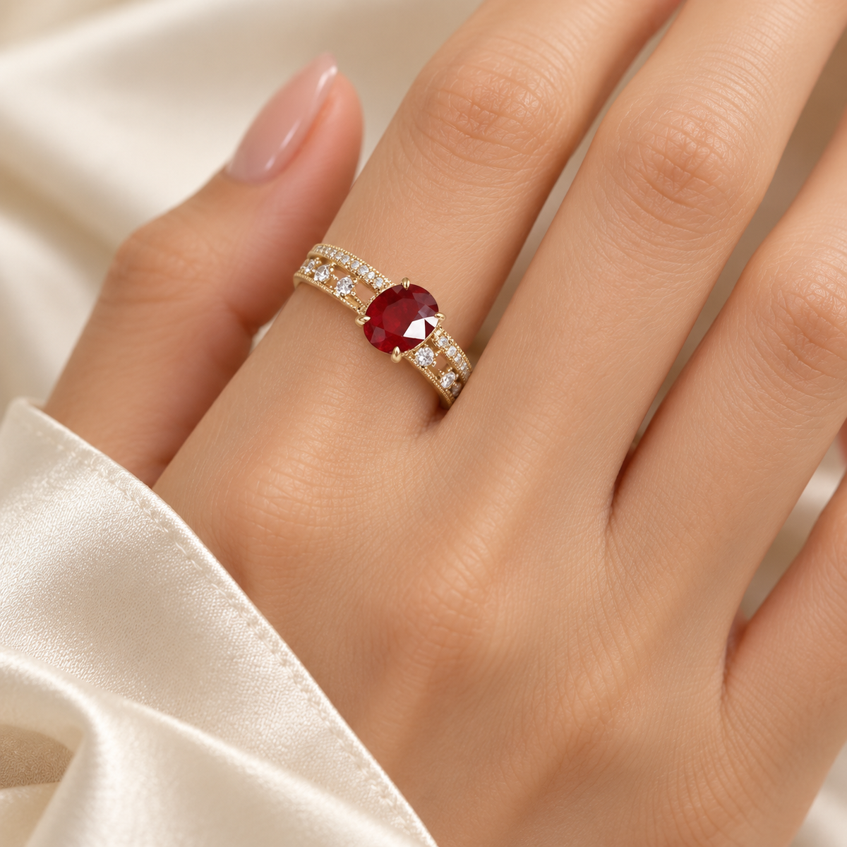 Oval red split-band ring worn on model hand