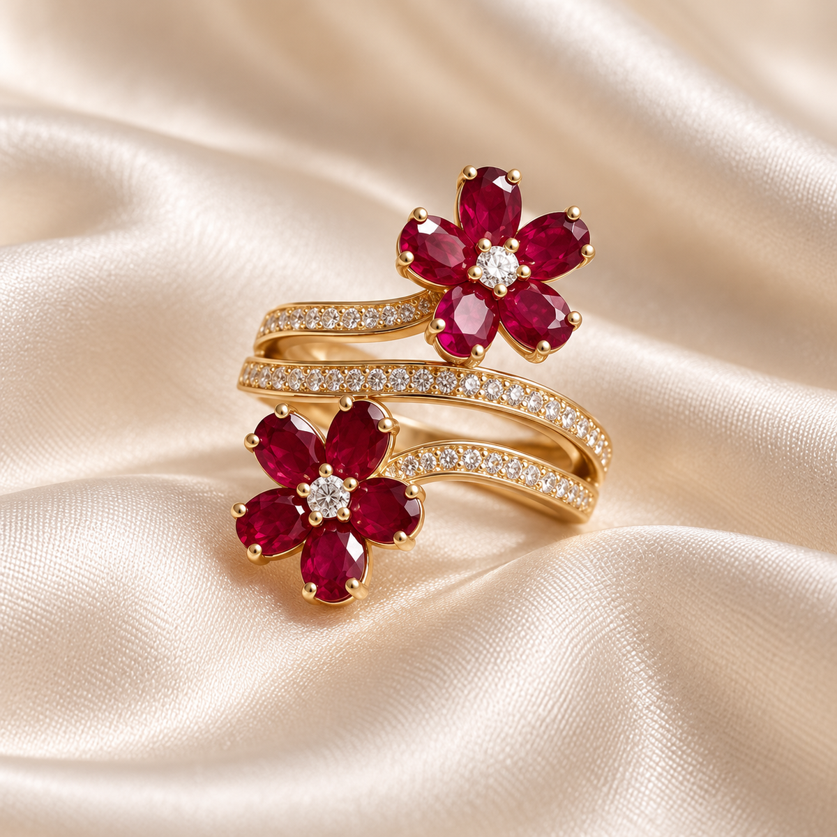Twin red blossom wrap ring on gown fabric