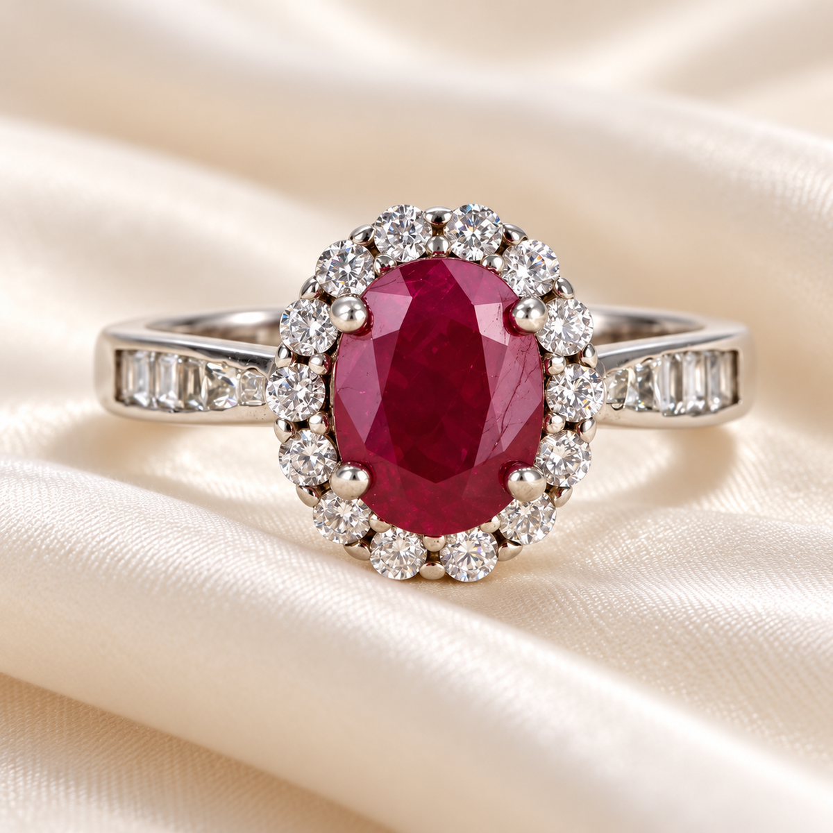 Silver Aurelia red oval halo ring on ivory satin