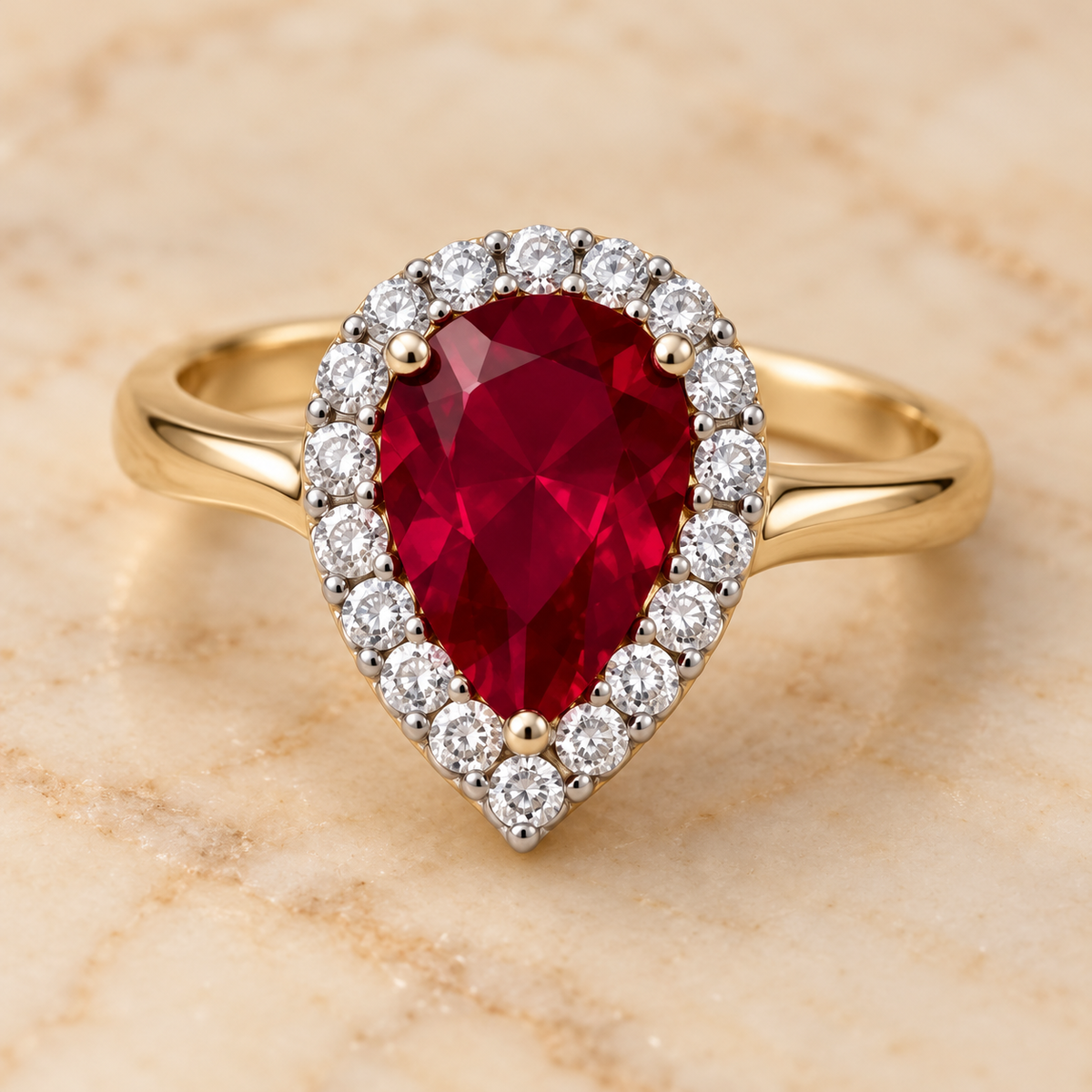 Red Pear Halo Ring Gold