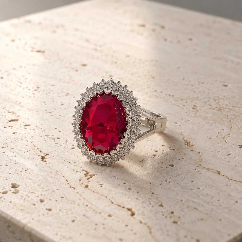 Big Ruby Ring | @visual reference 1 is the set: a pale honed travertine slab filling the frame, warm off-white with real pitting and fine veining, one soft light from the upper