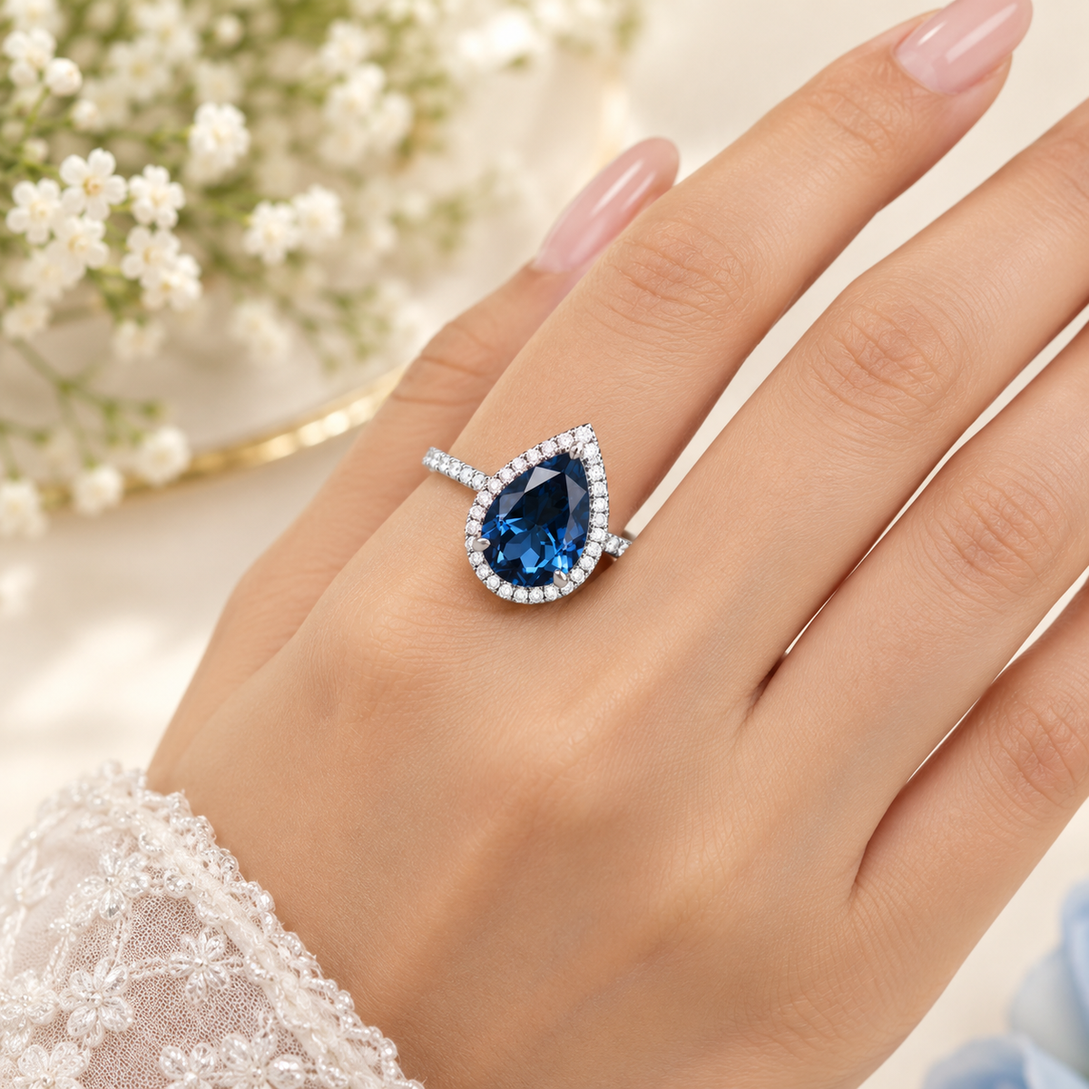 Sapphire Blue Teardrop Ring