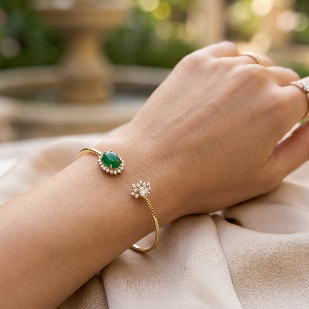 Emerald Gemstone Open Cuff Bangle