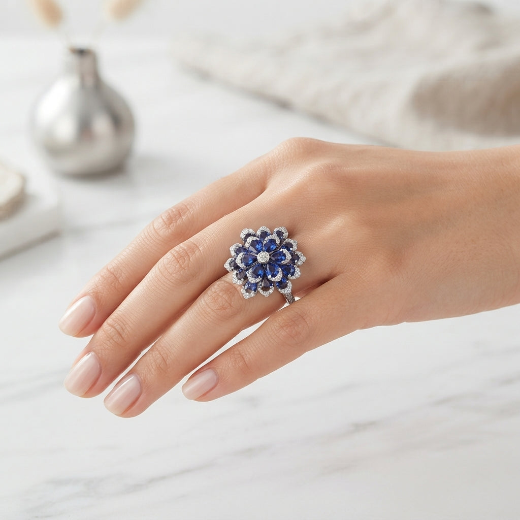 Floral Gemstone Cluster Ring – 925 Sterling Silver