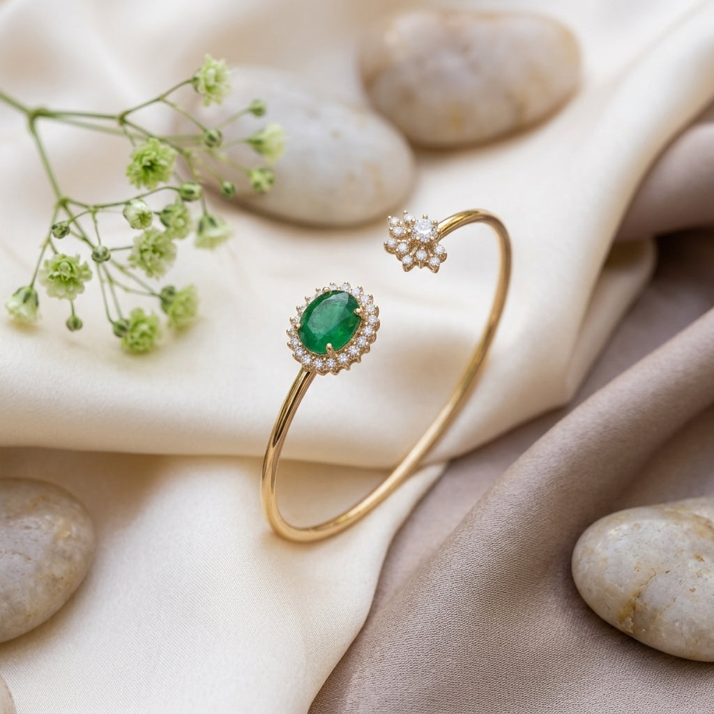 Emerald Gemstone Open Cuff Bangle