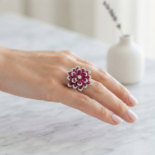 Floral Gemstone Cluster Ring – 925 Sterling Silver