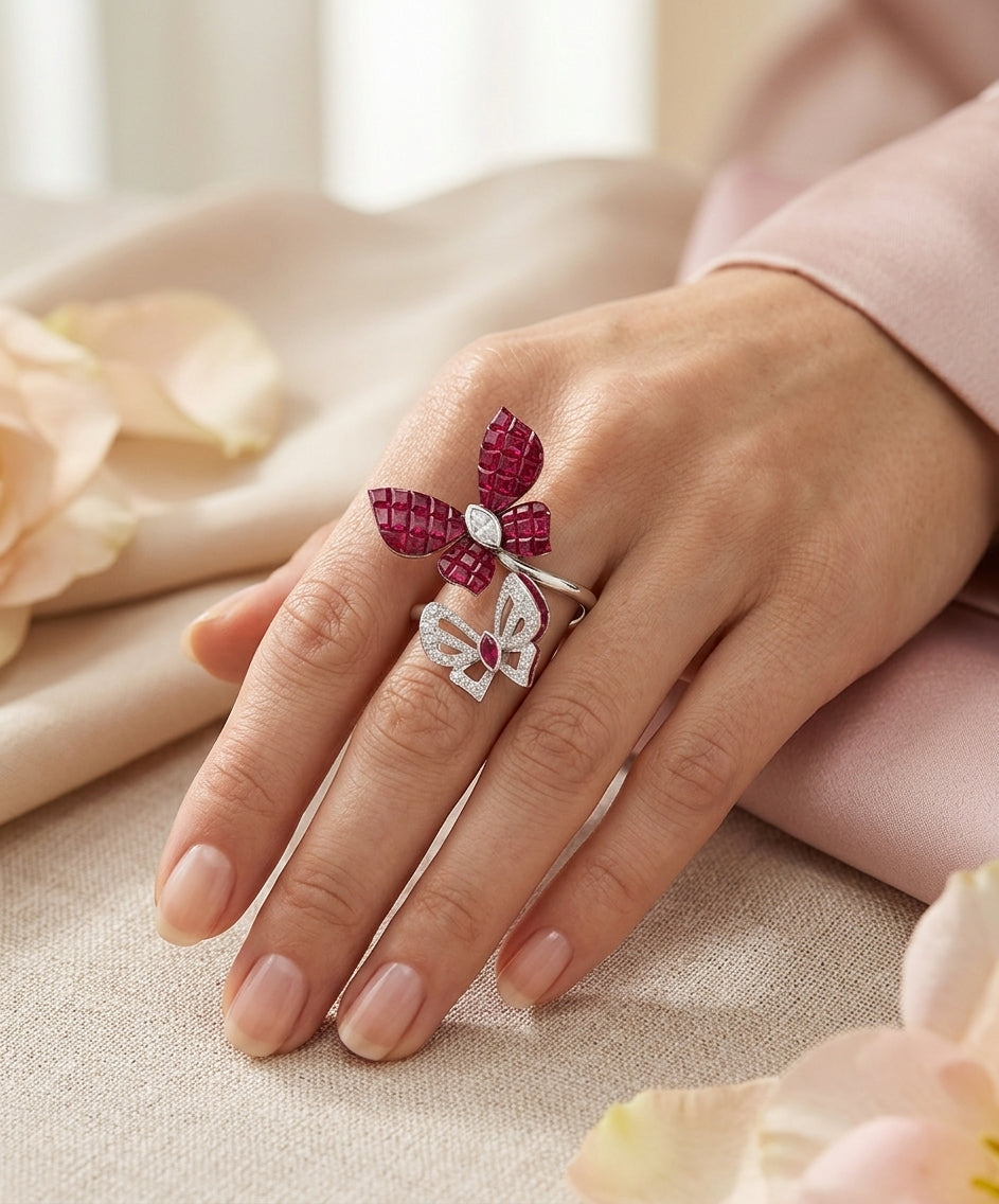 Butterfly Diamond Ruby Ring