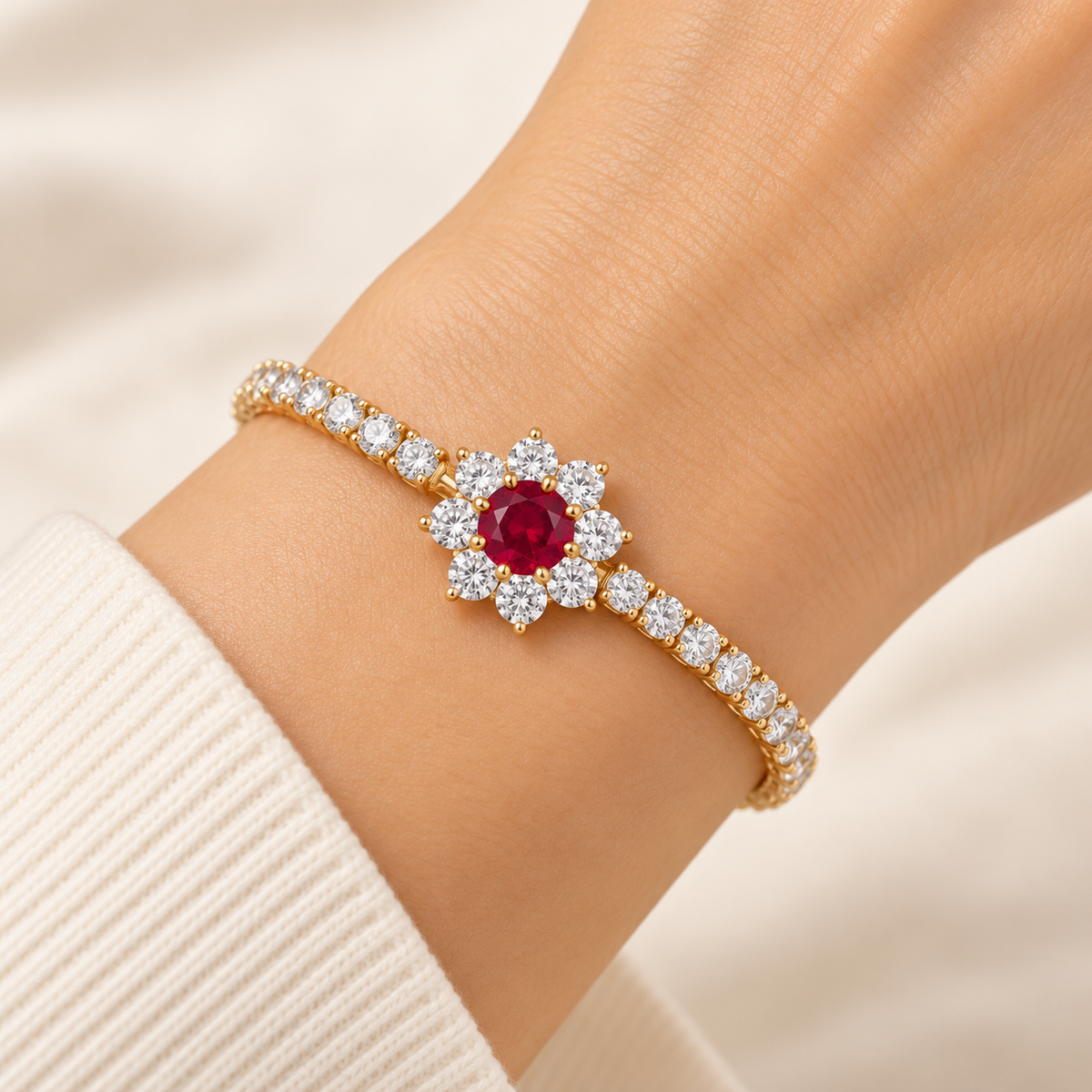 Ruby Red Floral Tennis Bracelet — Golden
