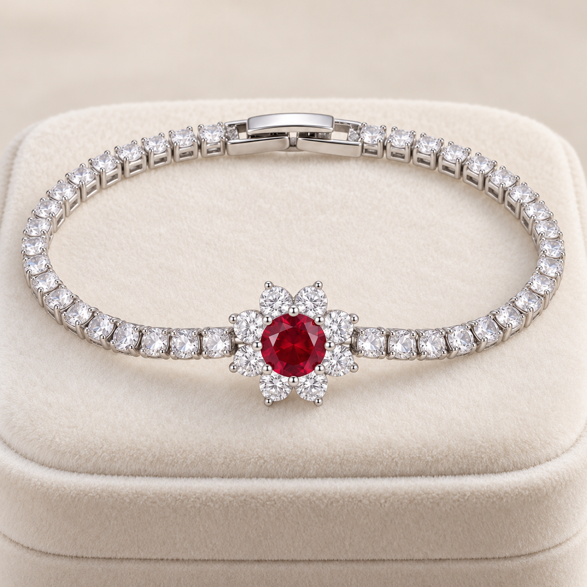 Ruby Red Floral Tennis Bracelet — Silver