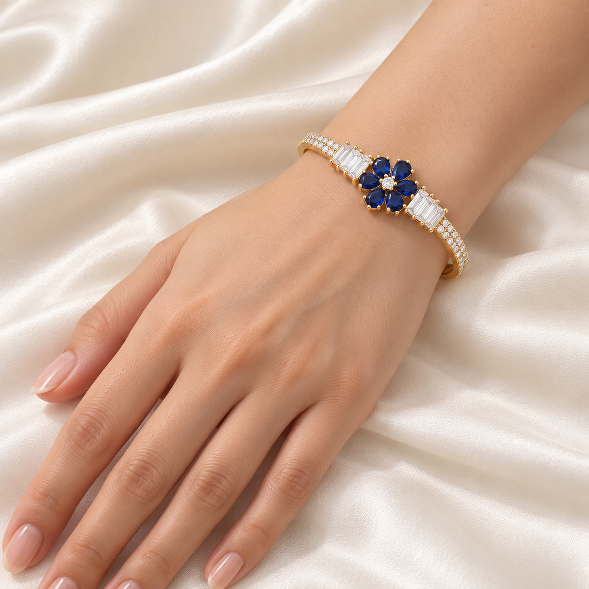 Midnight Blue Floral Baguette Kada — Golden