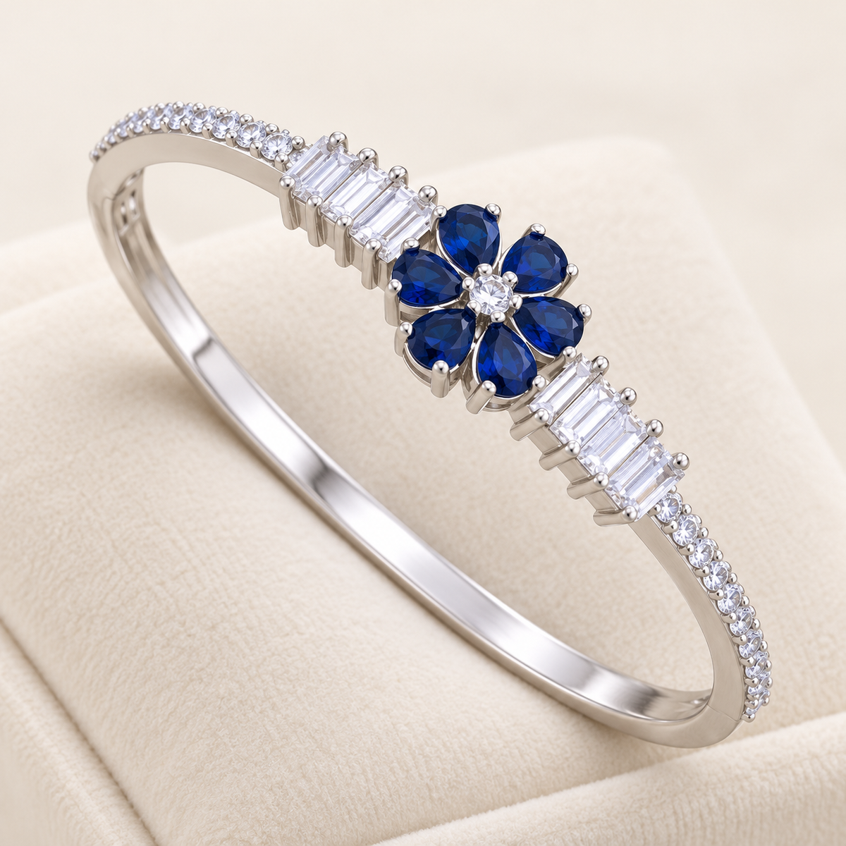 Midnight Blue Floral Baguette Kada — Silver