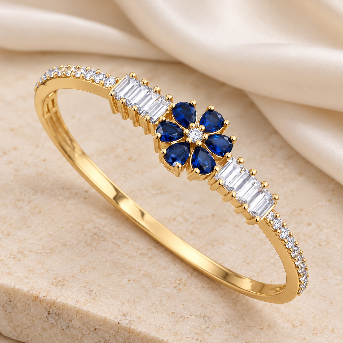 Midnight Blue Floral Baguette Kada — Golden