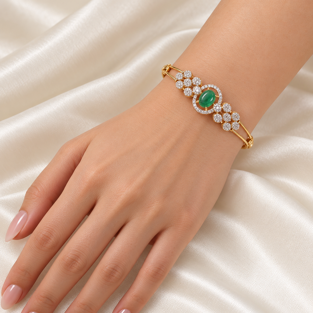 Green Cabochon Floral Halo Kada — Golden