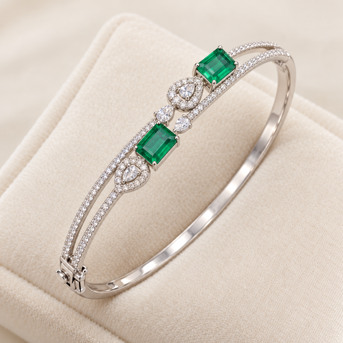 Twin Green Emerald-Cut Kada — Silver