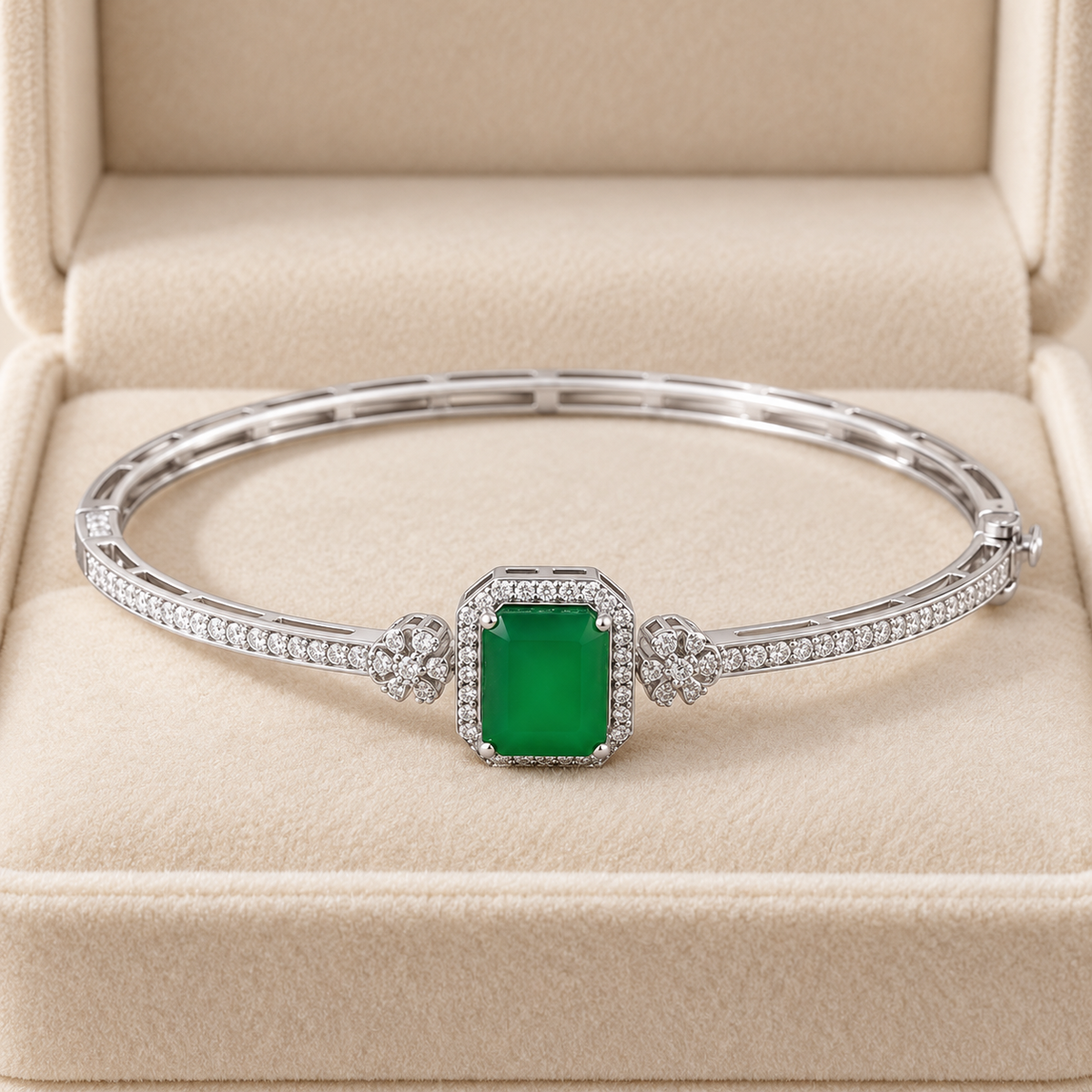 Green Rectangular Halo Bangle — Silver