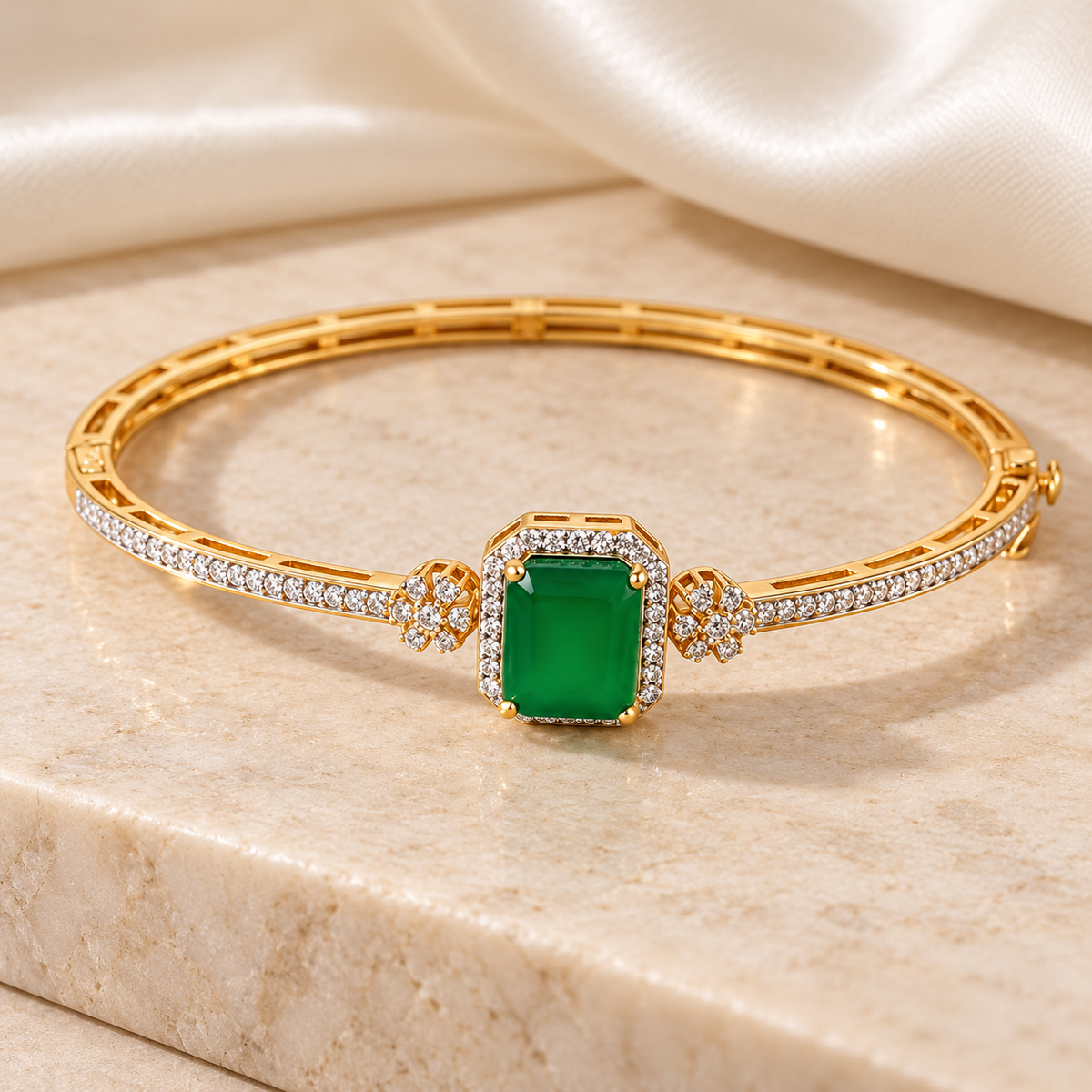 Green Rectangular Halo Bangle — Golden