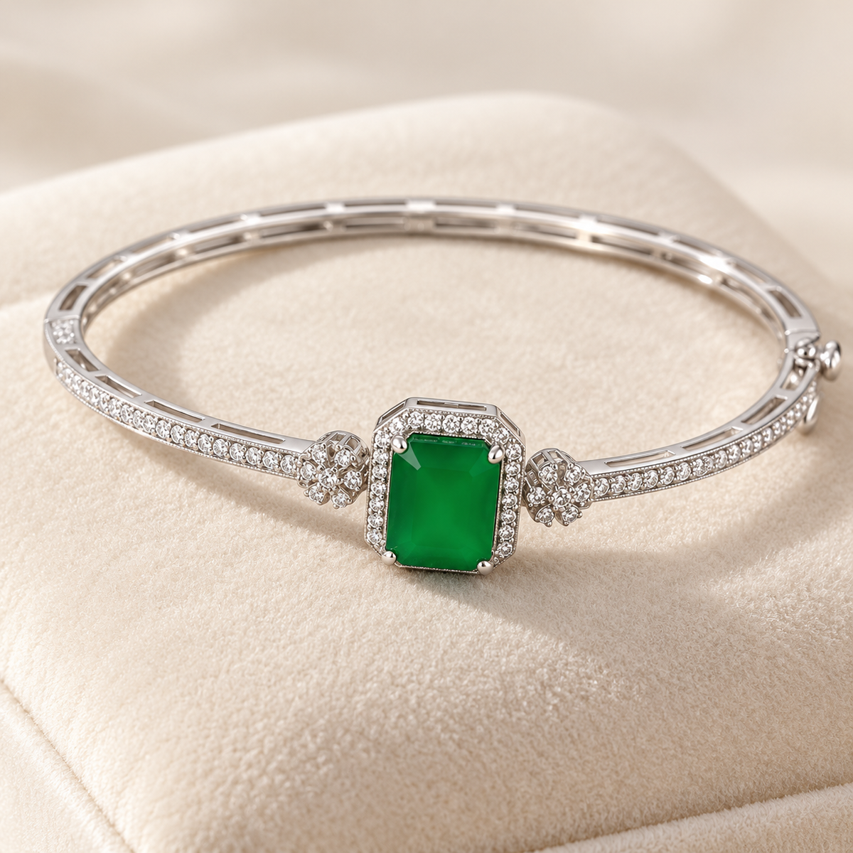 Green Rectangular Halo Bangle — Silver