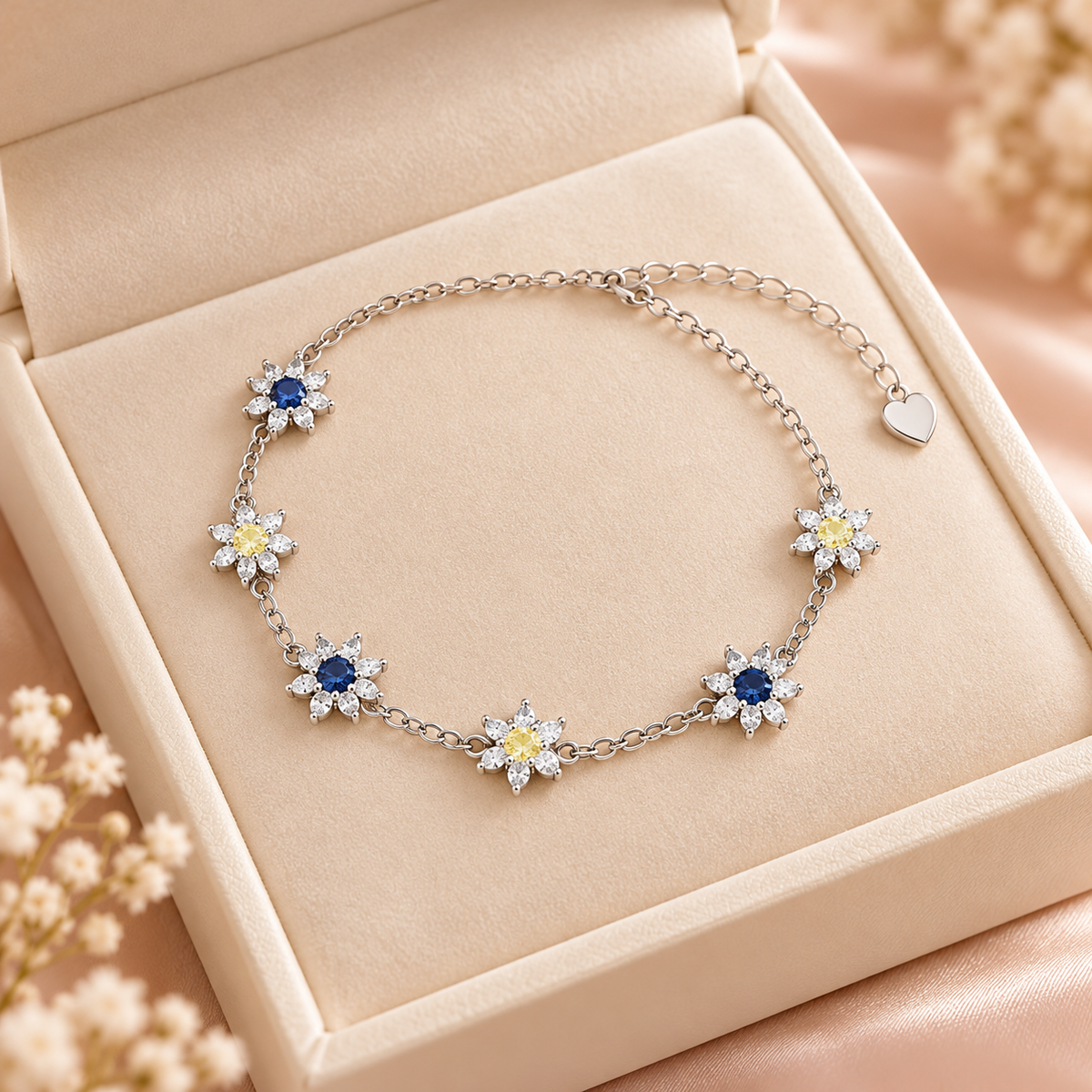 Blue and yellow floral bracelet in ivory box