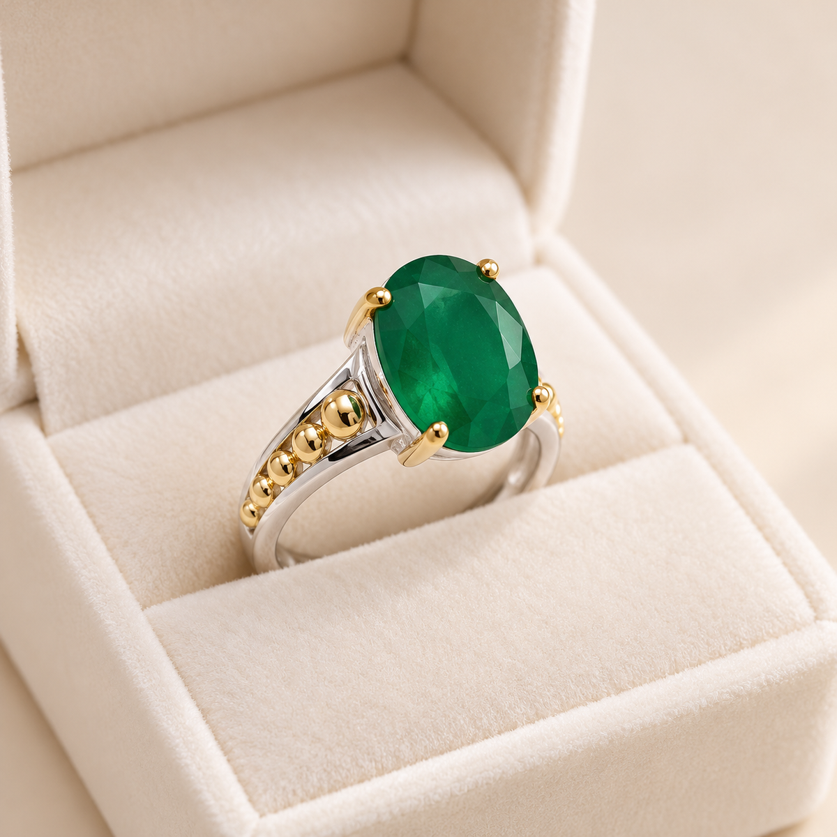 Oval green two-tone men's ring in ivory velvet box
