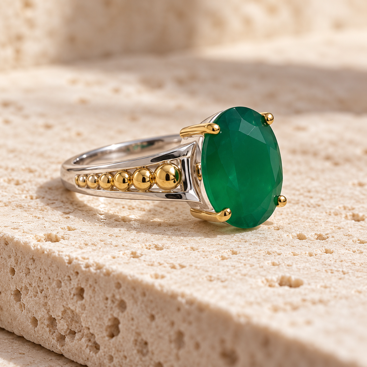 Oval green two-tone men's ring on pale stone
