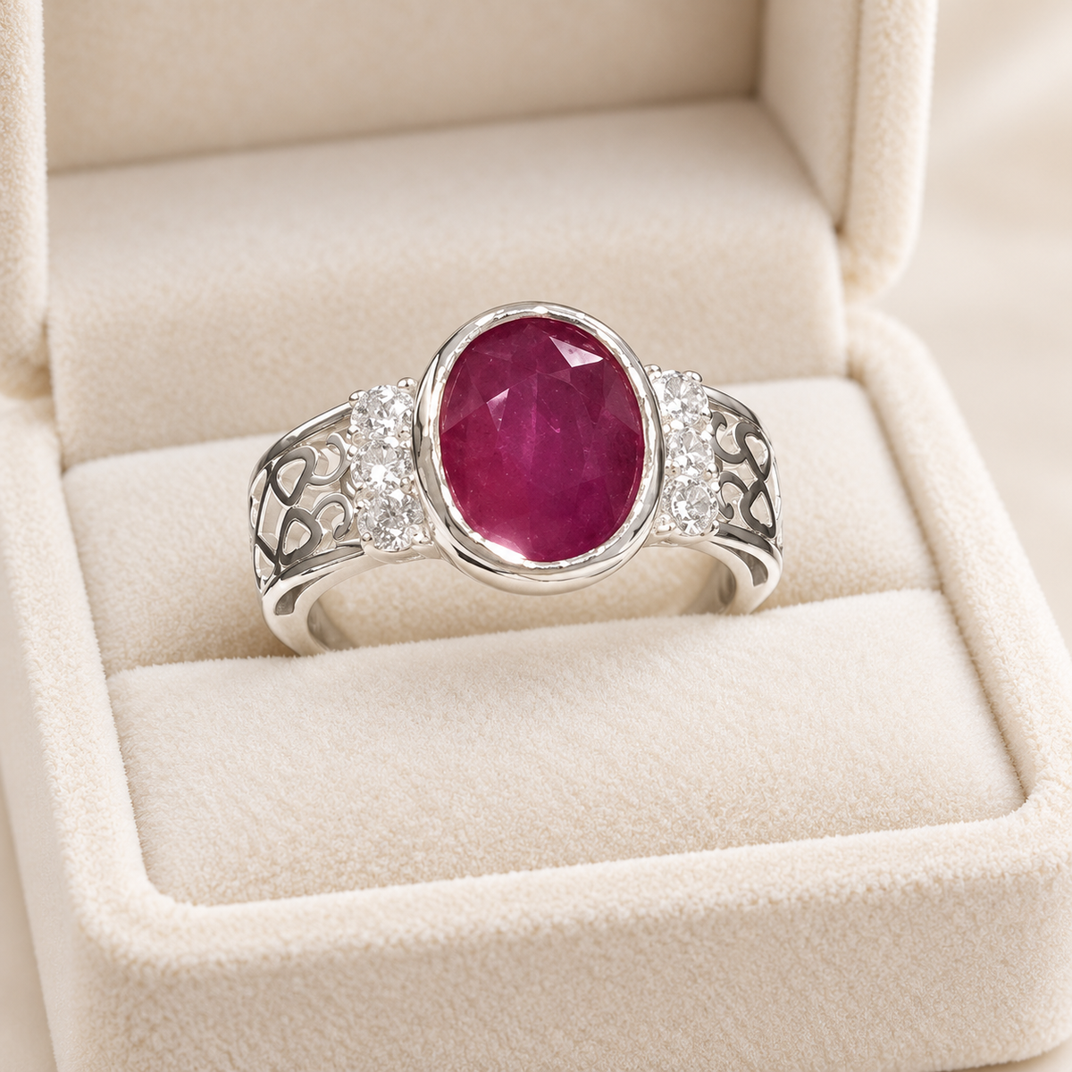 Oval ruby bezel ring with openwork silver shoulders