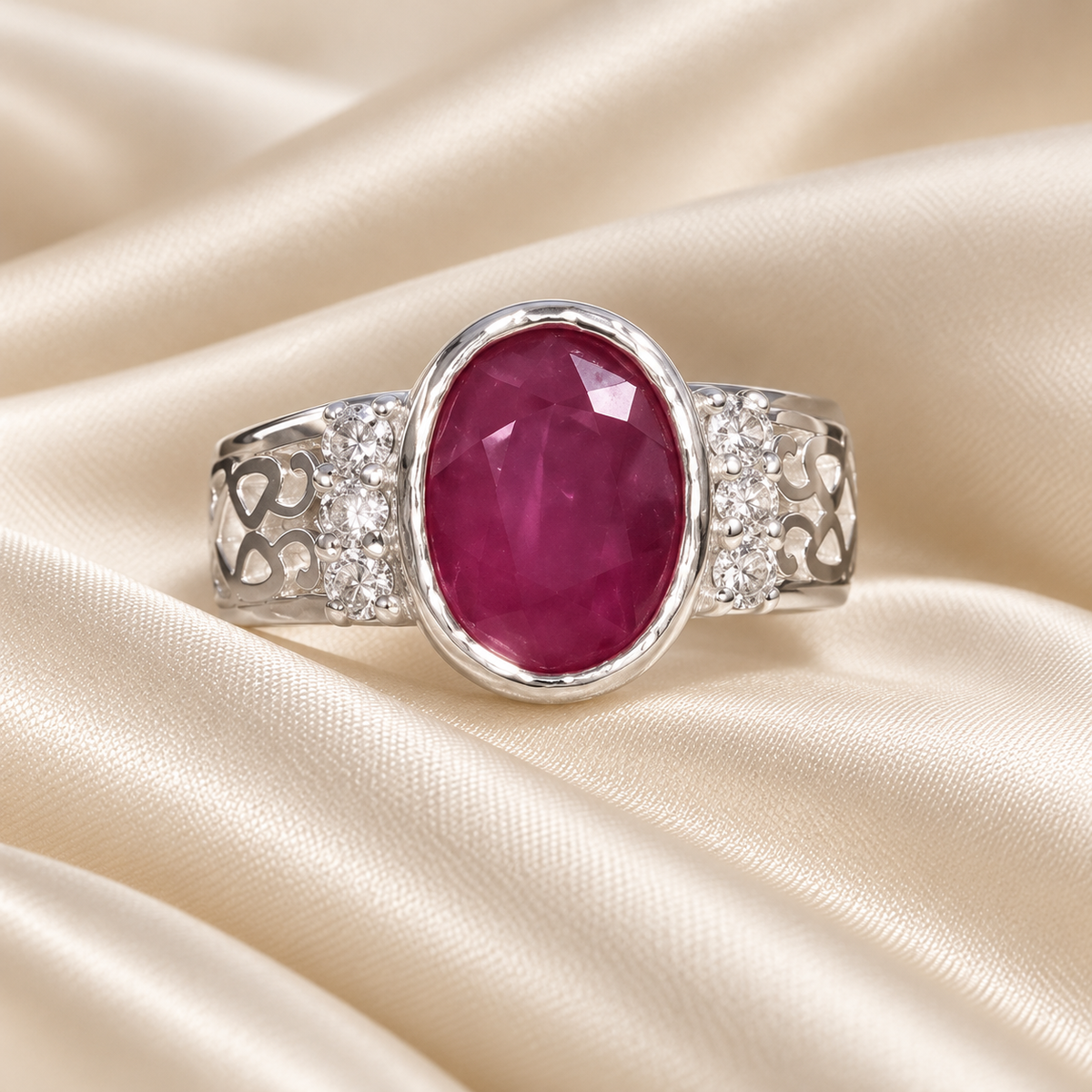 Oval ruby scroll silver ring on ivory satin