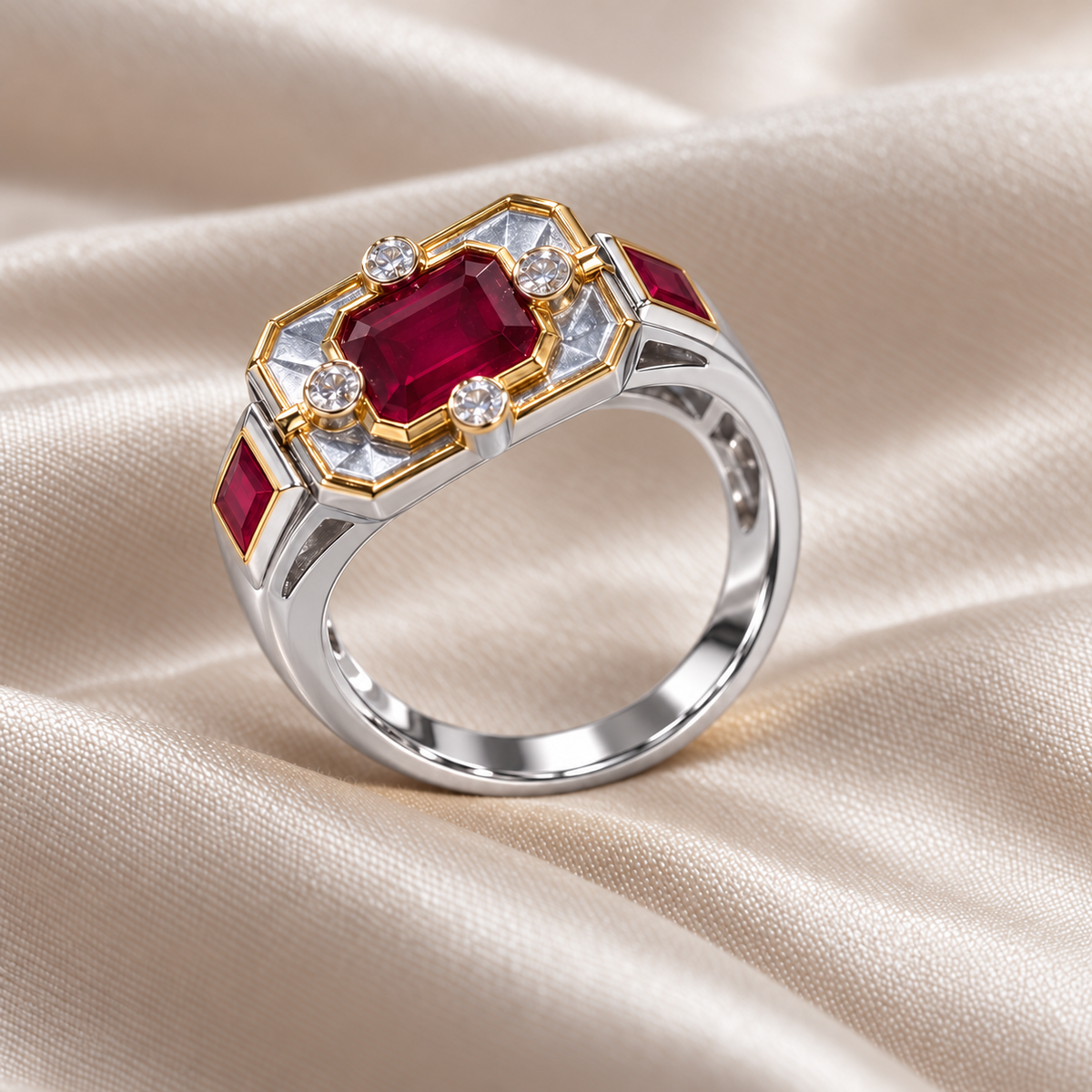 rectangular ruby ring from elevated diagonal side angle on satin