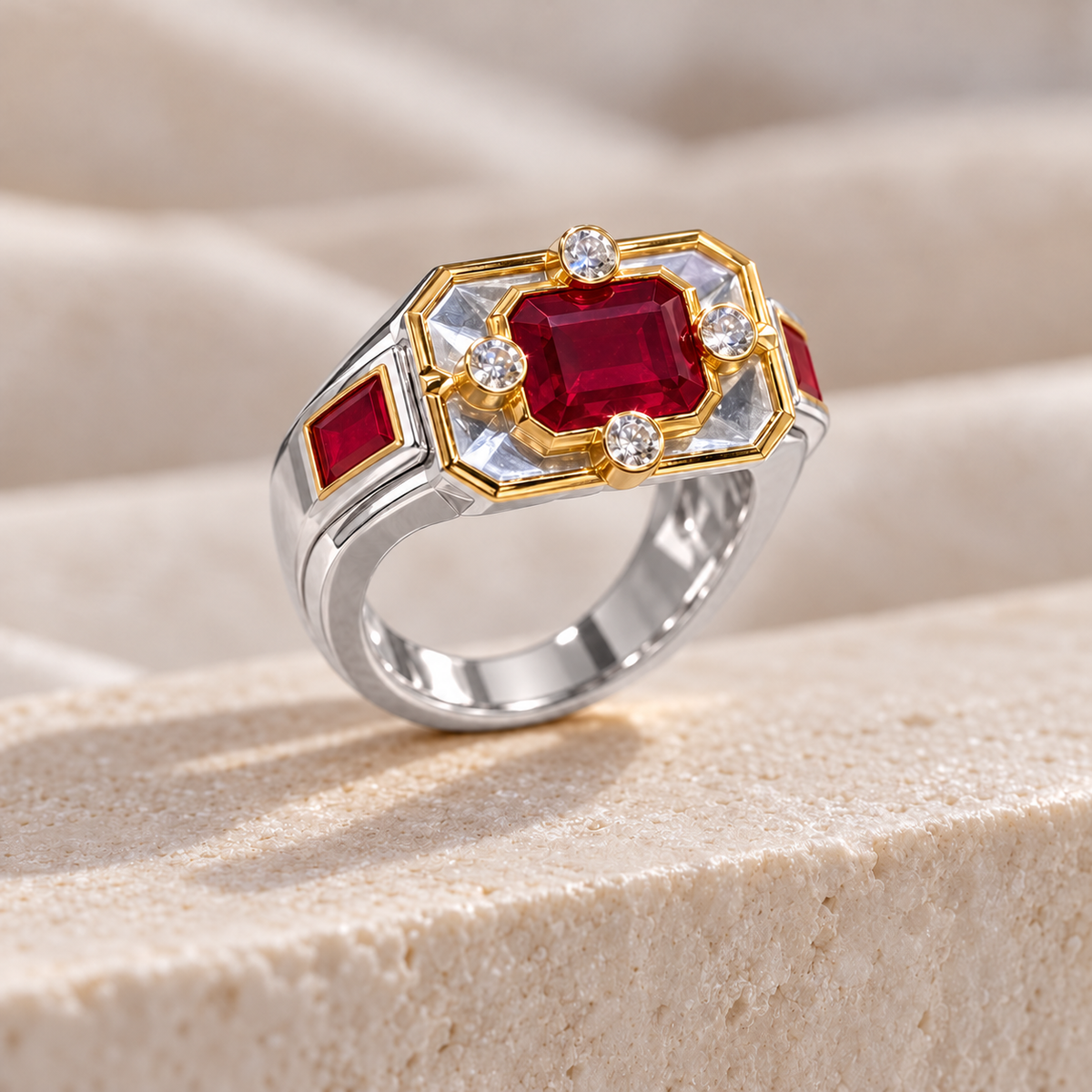 ruby ring standing on band with silver shoulder visible from side