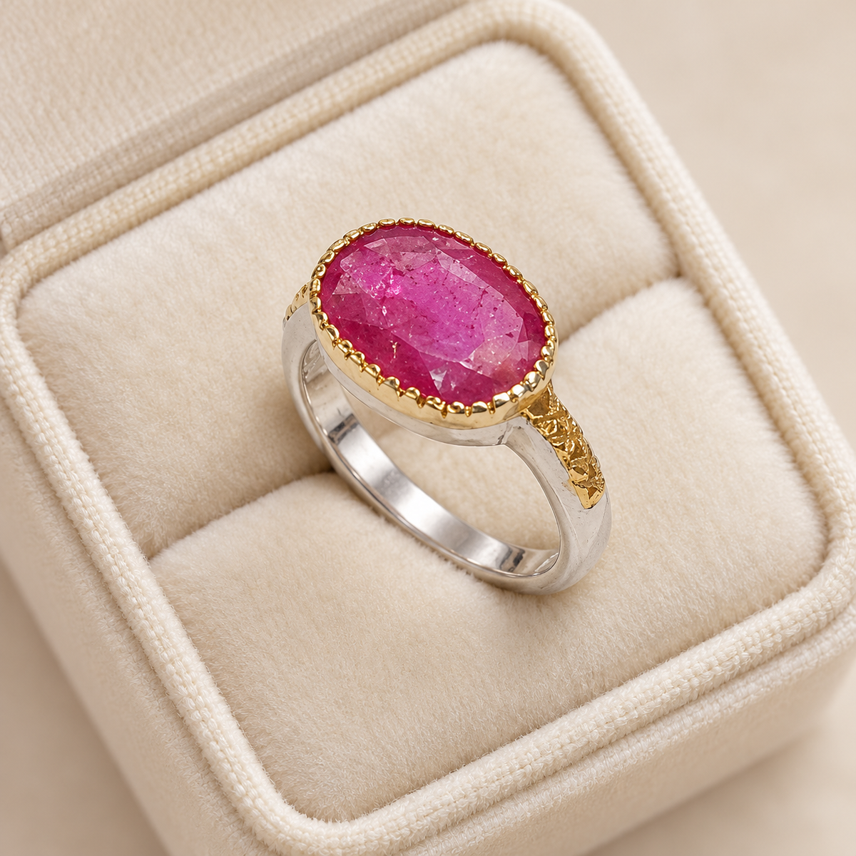 Oval pink-red two-tone ring placed diagonally in ivory velvet box