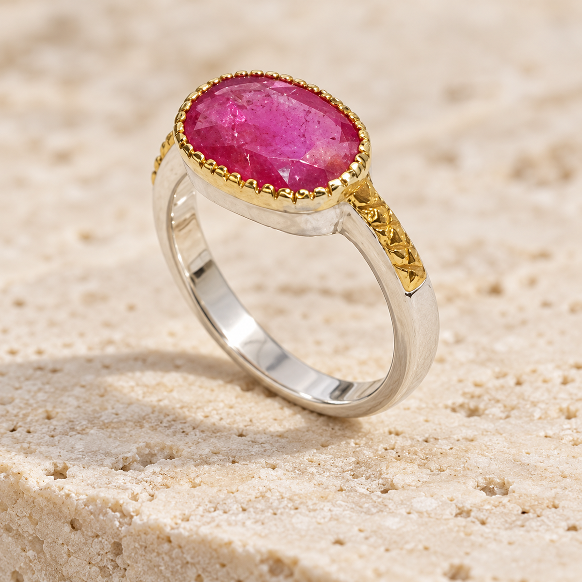 Oval pink-red two-tone ring standing on band on pale travertine