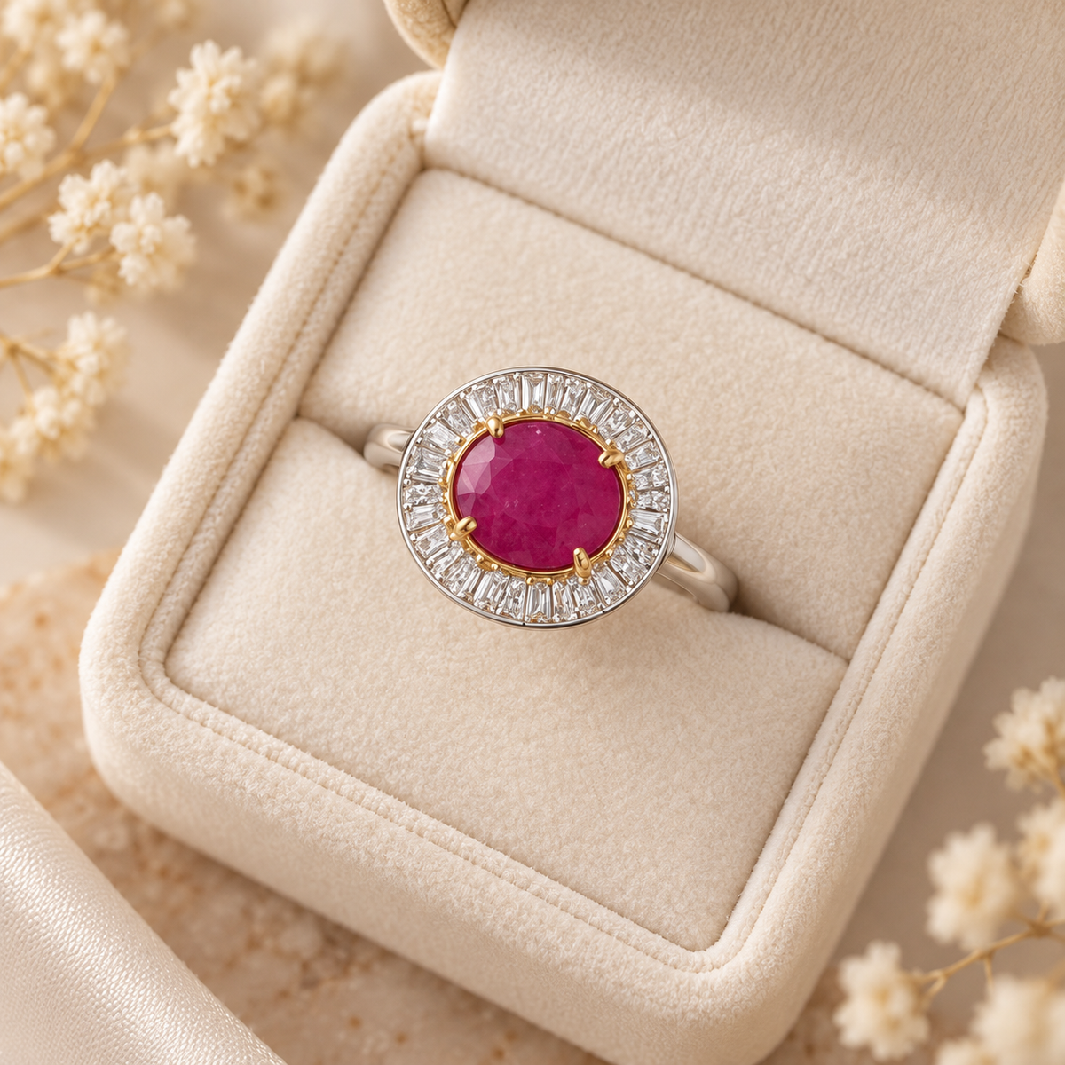 Oval red sunray halo ring placed diagonally in ivory velvet box