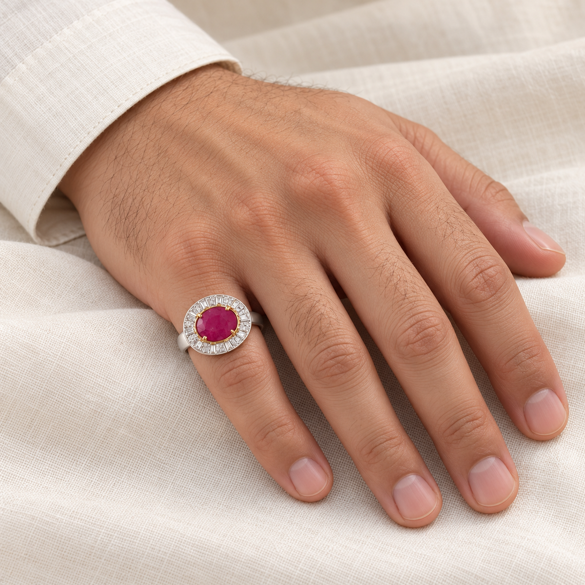 Oval red sunray halo ring on gentleman's right little finger