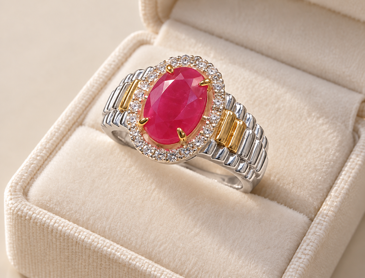 Ruby crest halo ring diagonally placed in ivory box