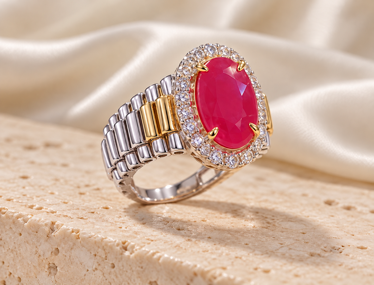 Ruby crest halo ring standing on pale stone showing ridged shoulders