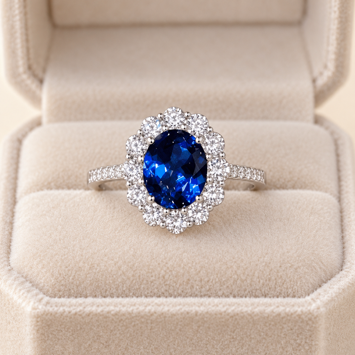 Blue Oval Floral Halo Ring — velvet box