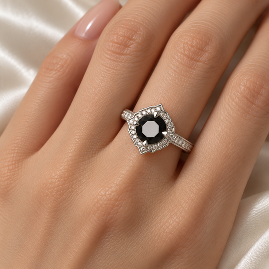Black Vintage Halo Ring — model hand