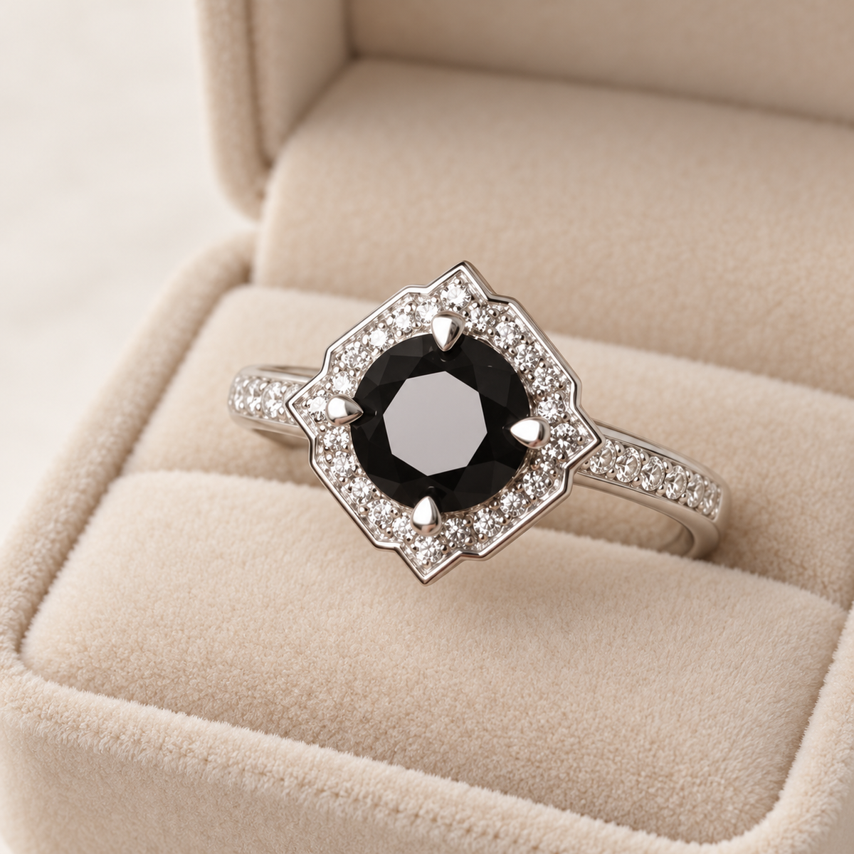 Black Vintage Halo Ring — velvet box