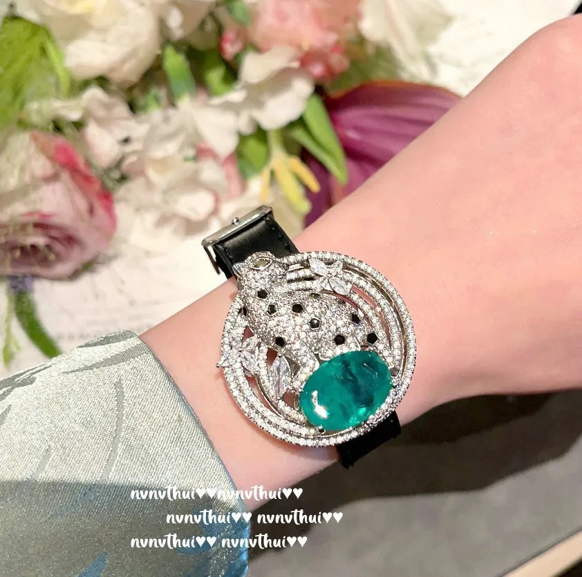 2023 New Exquisite S925 Silver Lab Ruby Emerald Leopard Bracelet with UP Belt Wrist Luxury Vintage Wrap Bangles Women Jewelry