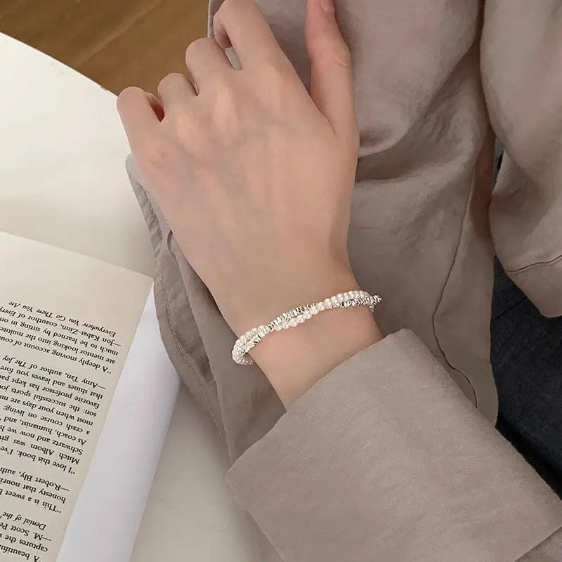 925 Sterling Silver Bracelet Double Layer Pearl Bracelet for Women Girl Vintage Luxury Design Bead Korean Jewelry Charm Bracelet