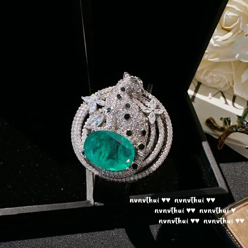 2023 New Exquisite S925 Silver Lab Ruby Emerald Leopard Bracelet with UP Belt Wrist Luxury Vintage Wrap Bangles Women Jewelry