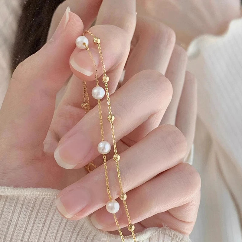 925 Sterling Silver Minimalist Pearl Double-Layer Bracelet, Exquisite Starry Stacked Bracelet Wedding Jewelry Bridesmaid Gift