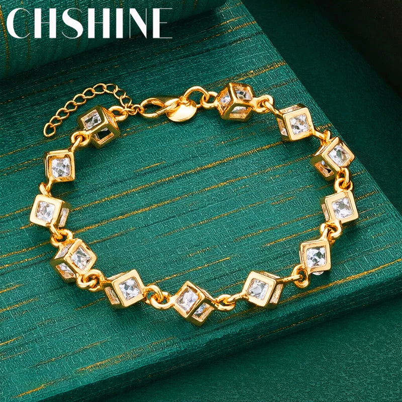 Fashion 925 Sterling Silver 18K Gold Bracelet for woman lady Shining crystal chain fine Luxury jewelry Wedding party beautiful