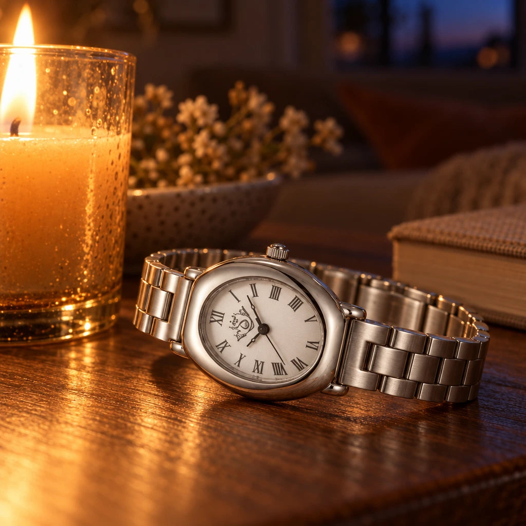 SILVER WATCH | The macro frame from the same dusk shoot as the previous image: same candle, same room, same flame and warm falloff.
