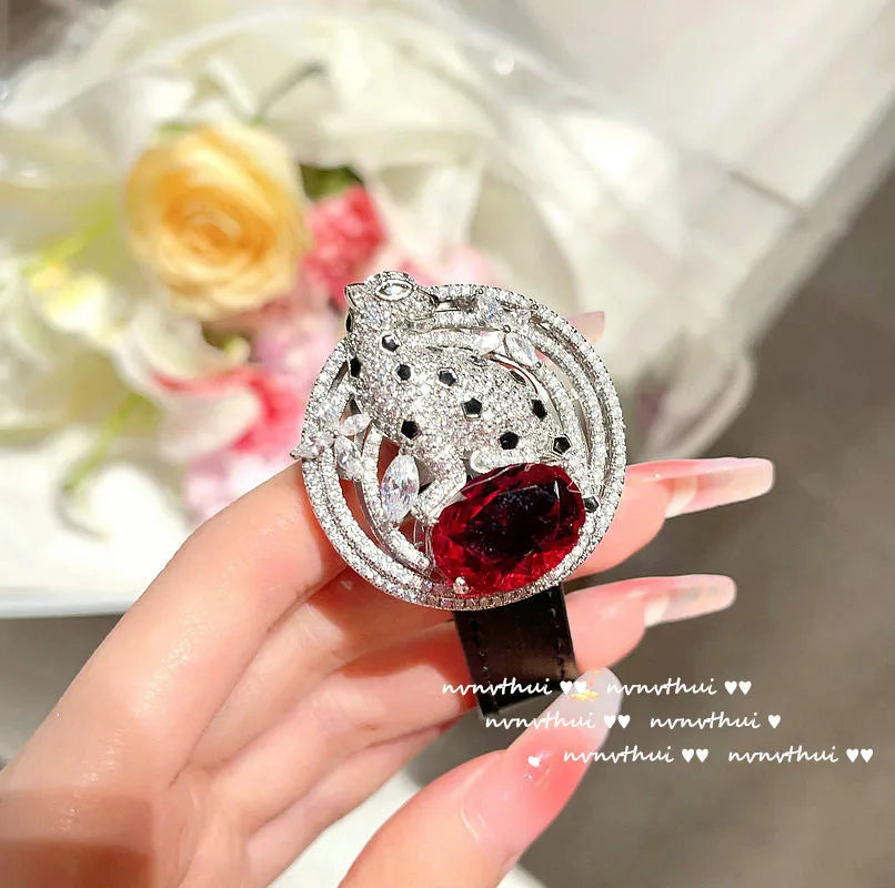 2023 New Exquisite S925 Silver Lab Ruby Emerald Leopard Bracelet with UP Belt Wrist Luxury Vintage Wrap Bangles Women Jewelry