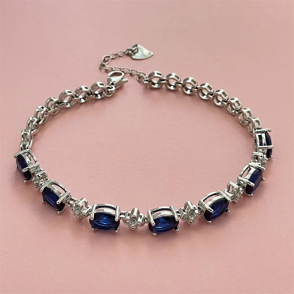 925 Sterling Silver Dark Blue Gemstone Bracelet, Elegant, Versatile and Fashionable Perfect Gift