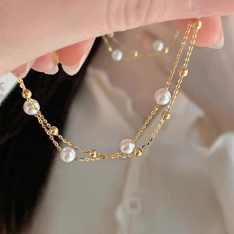 925 Sterling Silver Minimalist Pearl Double-Layer Bracelet, Exquisite Starry Stacked Bracelet Wedding Jewelry Bridesmaid Gift