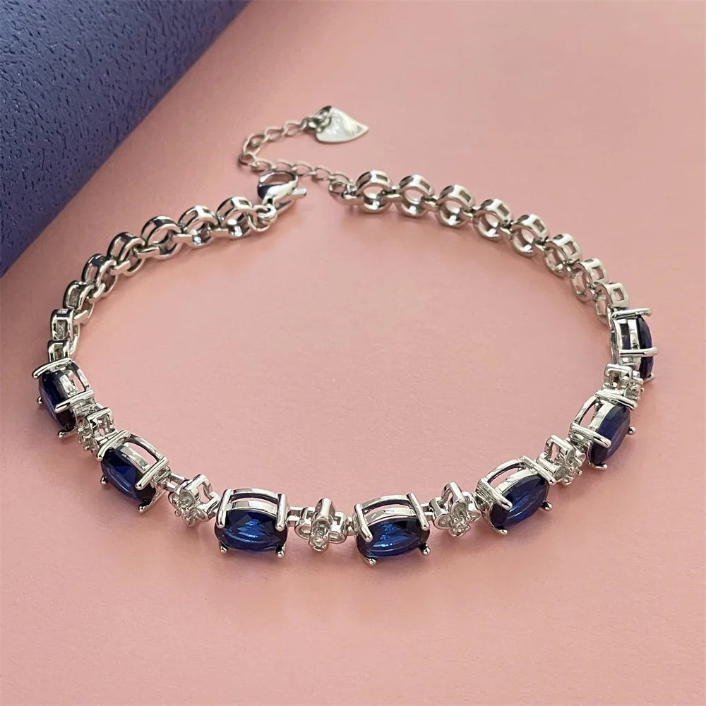 925 Sterling Silver Dark Blue Gemstone Bracelet, Elegant, Versatile and Fashionable Perfect Gift